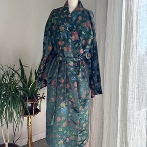Vintage Kimono Green Floral Satin Brocade Kimono Robe Belted Long
